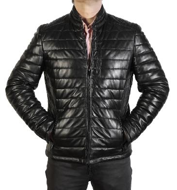 Mens Black Quilted Puffa Style Leather Jacket - SL11319